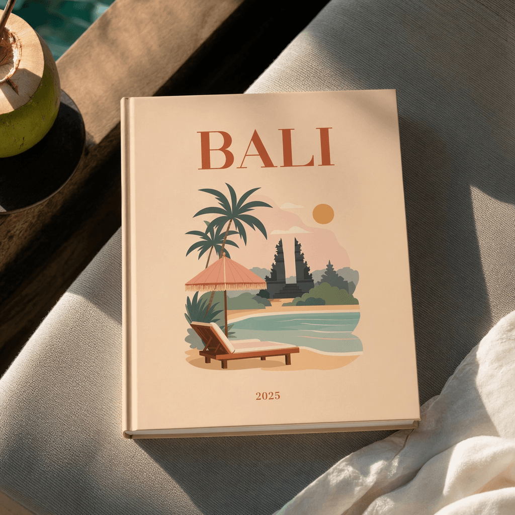 Open travel photobook showing a full-spread Bali landscape