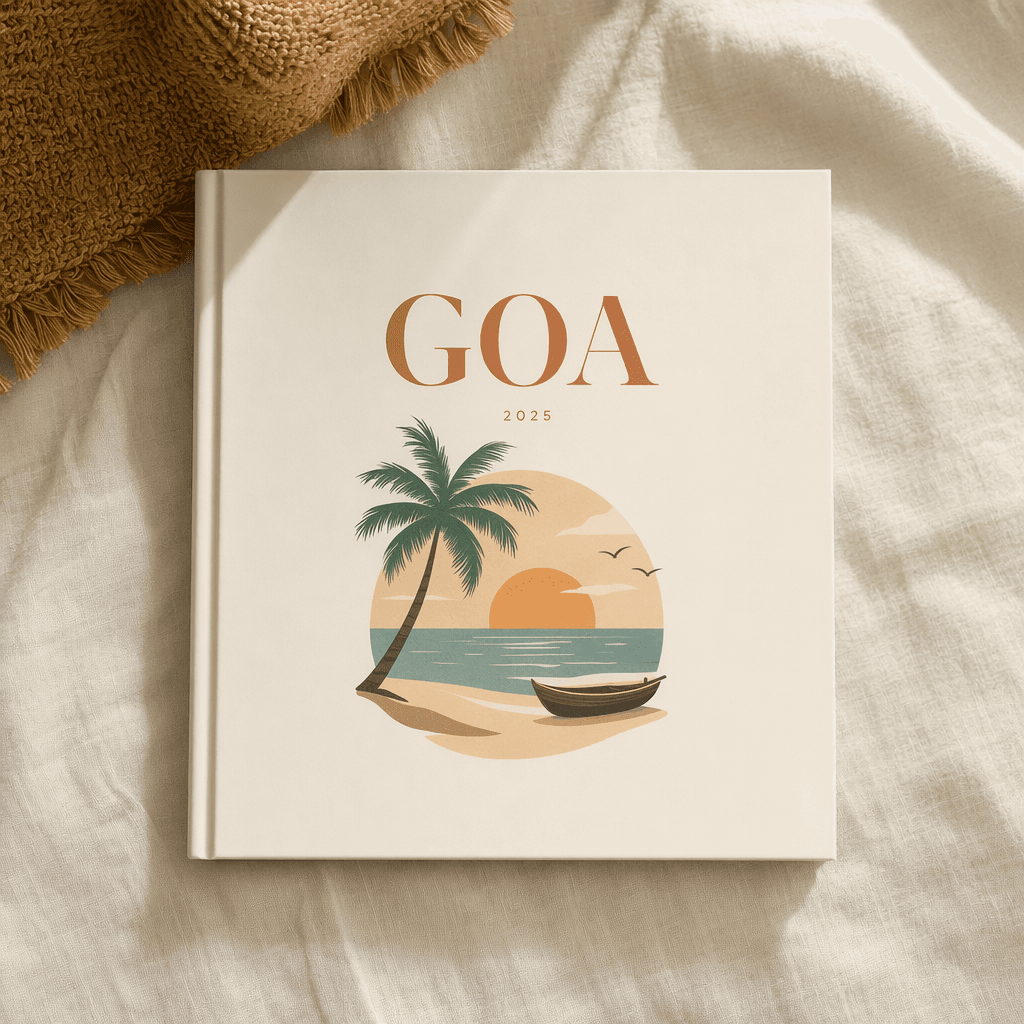 Premium hardcover photo book lying open on a table