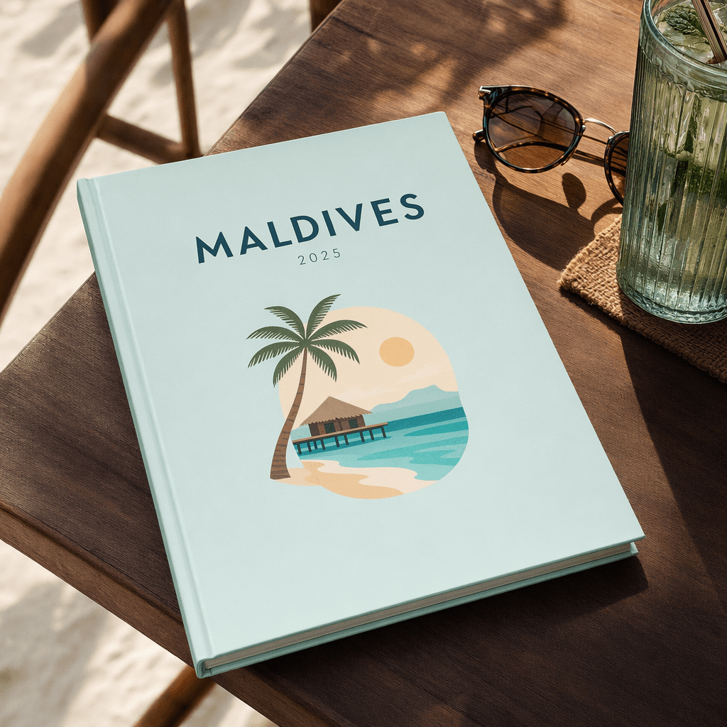 Premium hardcover travel photobook — Maldives beach vacation edition