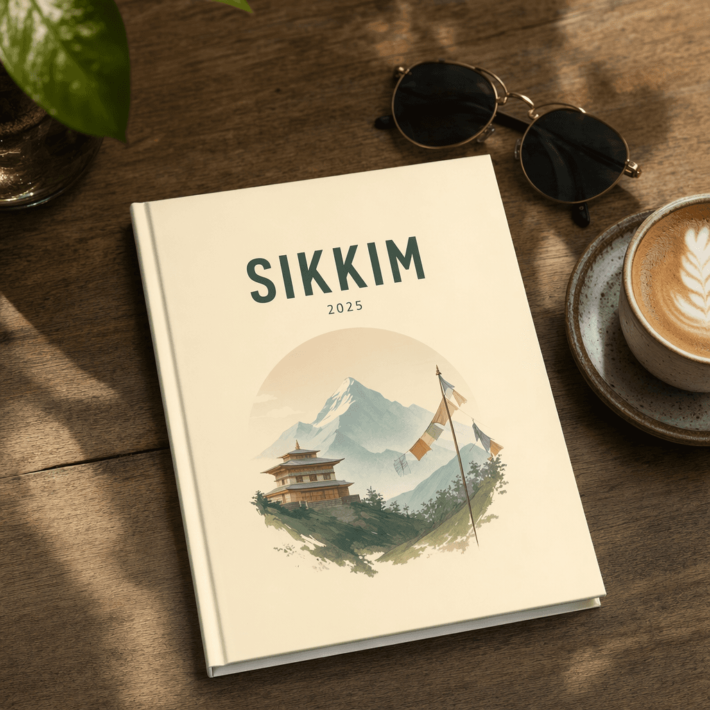 Premium hardcover photobook with lay-flat binding — Sikkim travel edition mockup